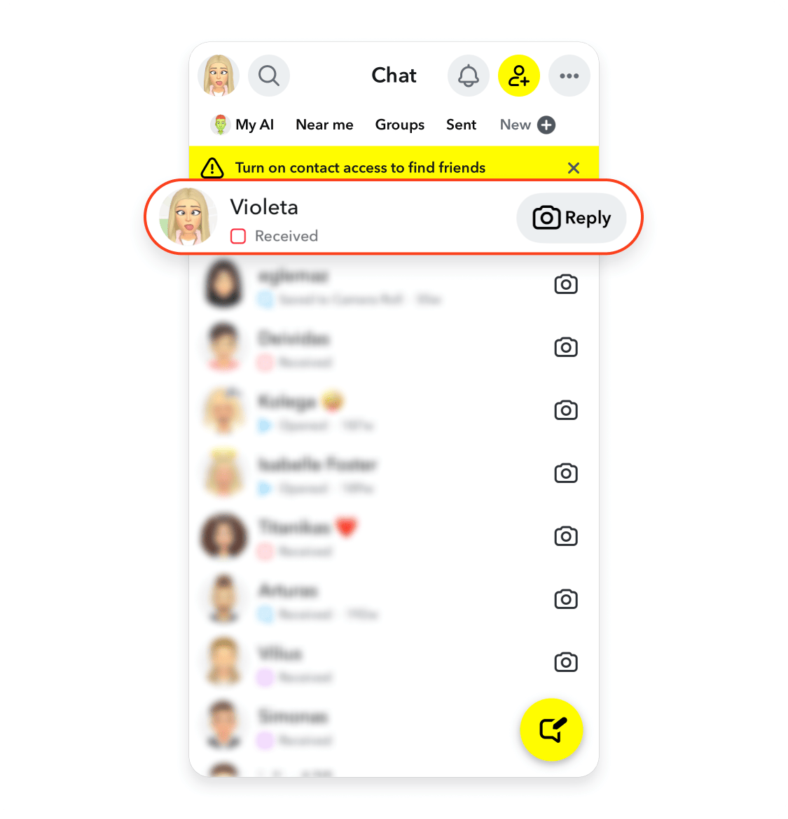 Snapchat Chat screen with a contact’s name and “Received” status circled in red.