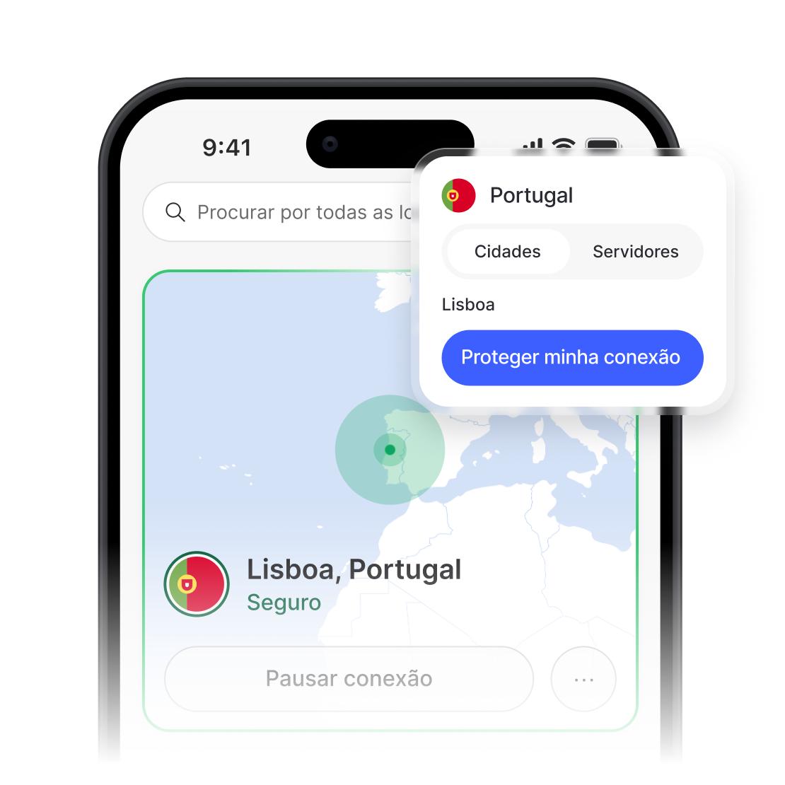 A aplicação NordVPN a apresentar uma ligação segura e a lista de servidores de Portugal.