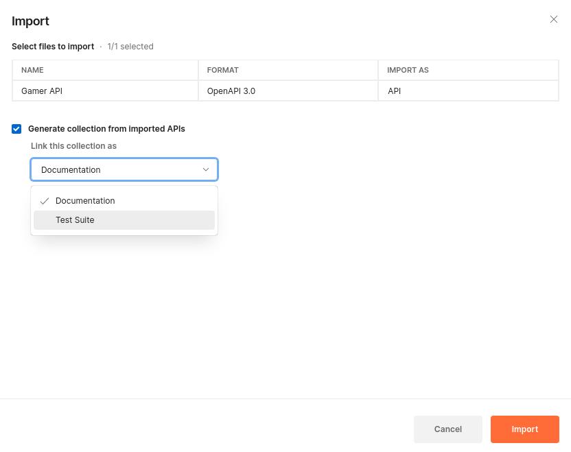 Postman importing the Gamer API OpenAPI 3.0 file and generating a collection.
