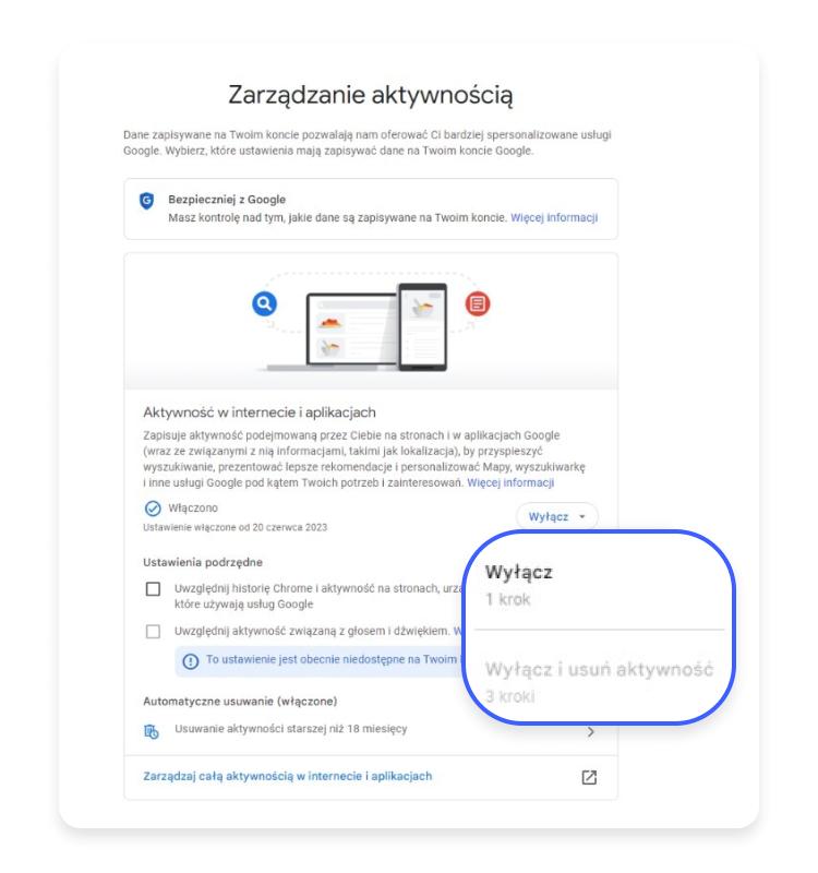 zarządzanie aktywnością na koncie google