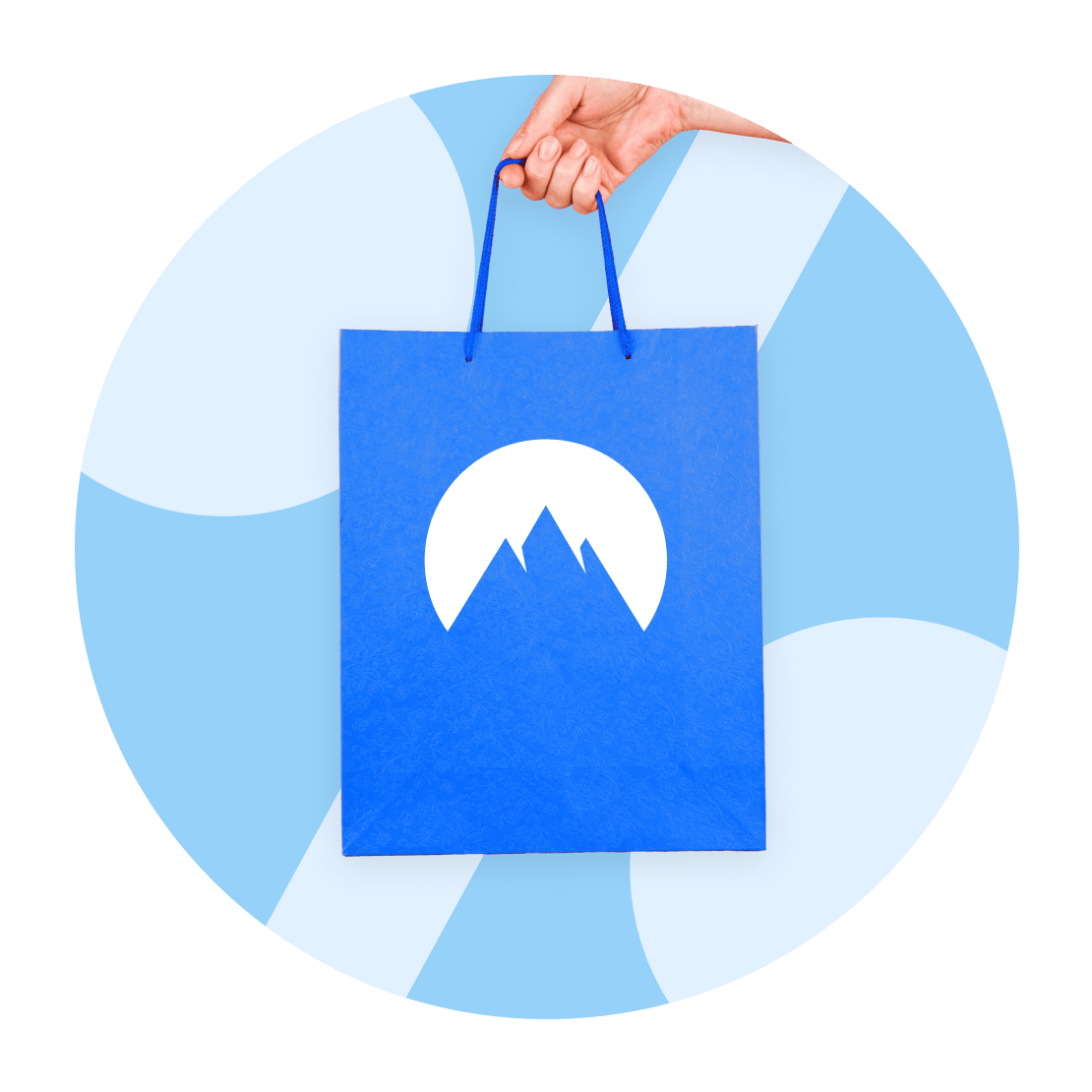 A hand holding a gift bag with the NordVPN logo.