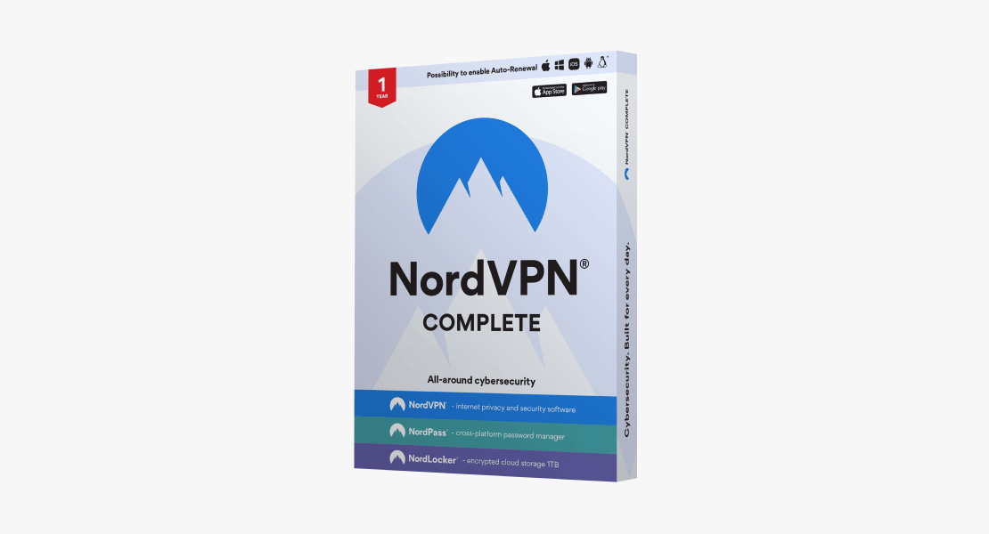 A NordVPN Complete plan retail box.