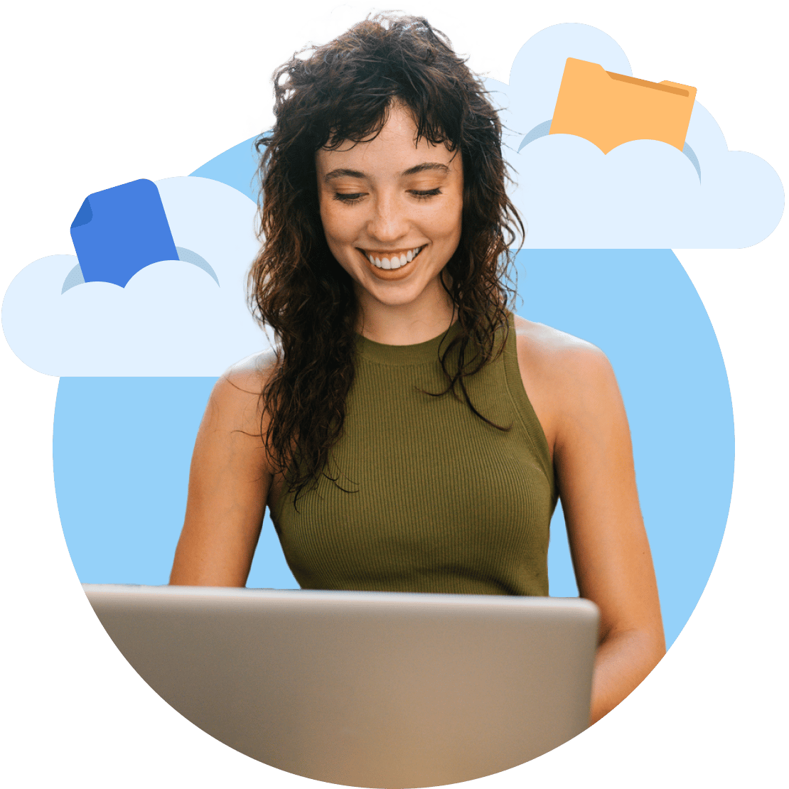 A woman smiling while using cloud storage on her laptop.