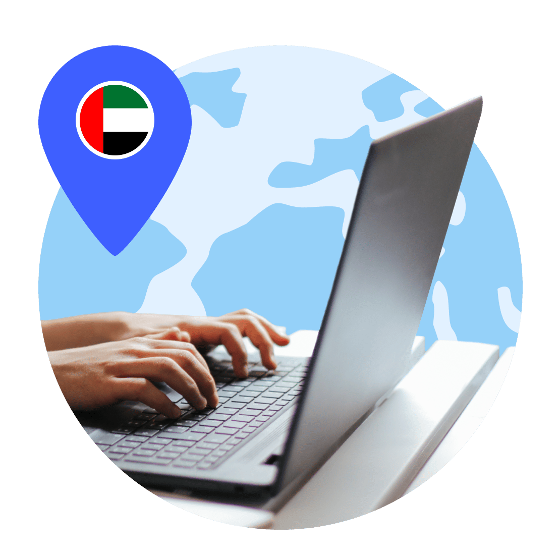 Henkilö työskentelee kannettavalla tietokoneellaan ollessaan yhdistetty Yhdistyneissä arabiemiirikunnissa sijaitsevaan VPN-palvelimeen.