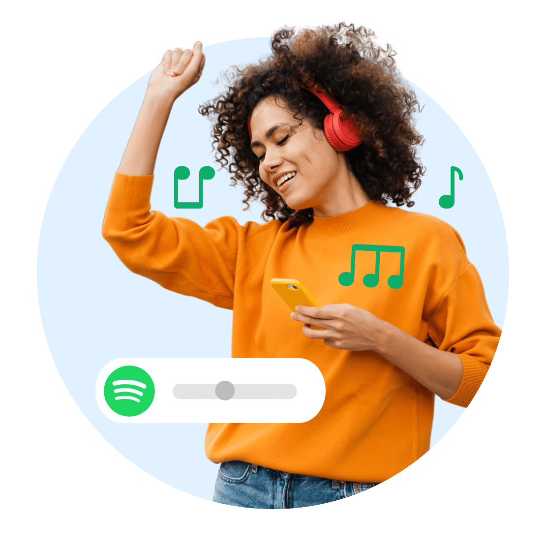VPN을 사용하여 Spotify 차단을 해제하고 휴대폰으로 음악을 듣는 여성.