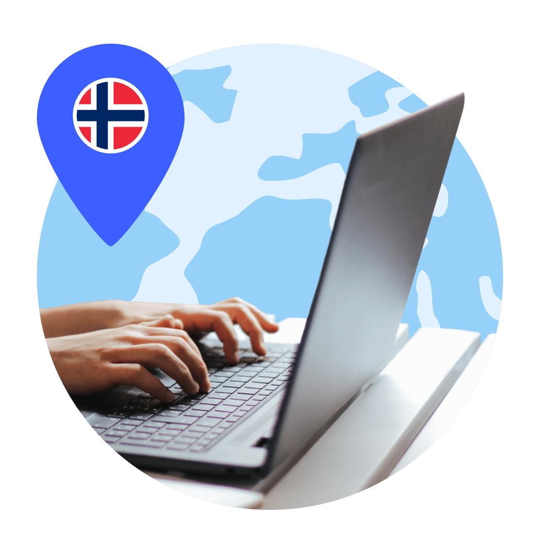 A laptop connected to a Norway VPN server.