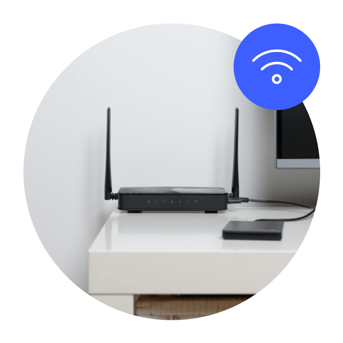 Un router junto a un televisor con un símbolo azul de wifi en la esquina.