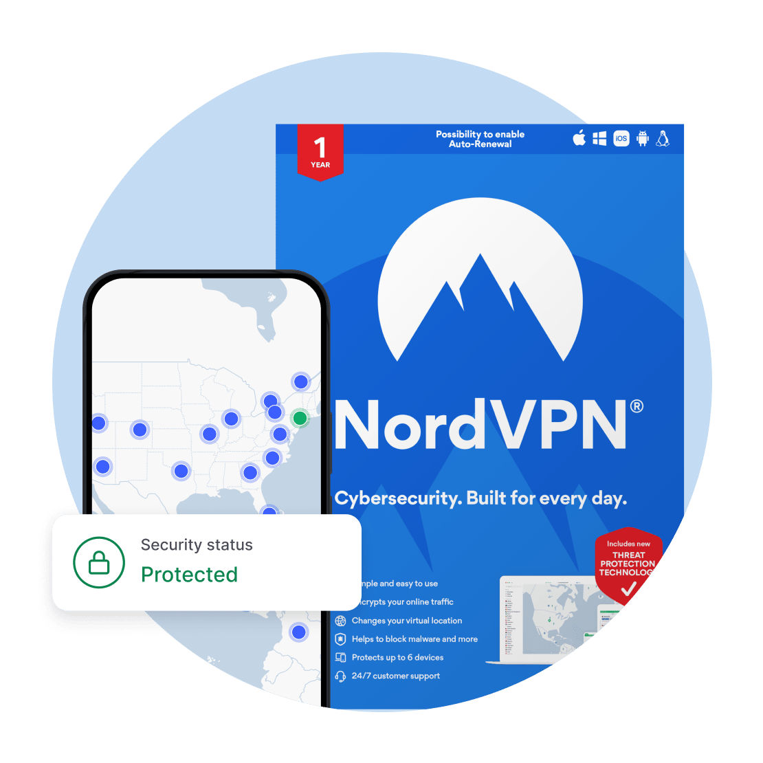 A phone with the NordVPN app open, with a NordVPN retail box in the background.