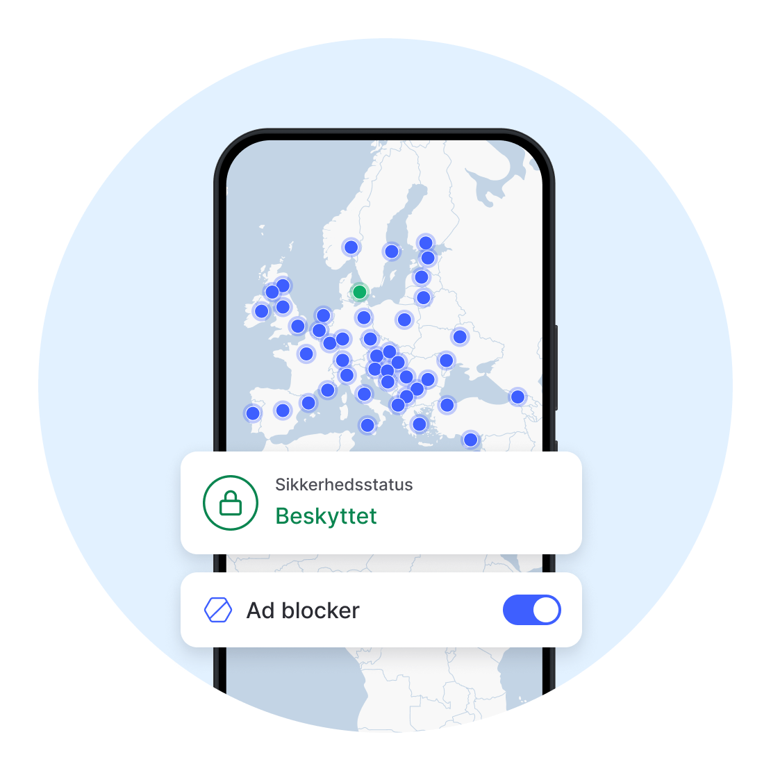En NordVPN-mobilapp med aktiveret annonceblokering
