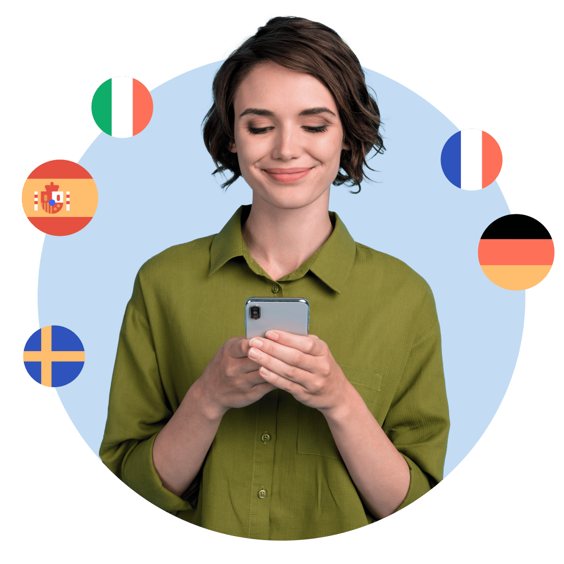 A woman happily learning several languages on Duolingo with increased privacy thanks to NordVPN.
