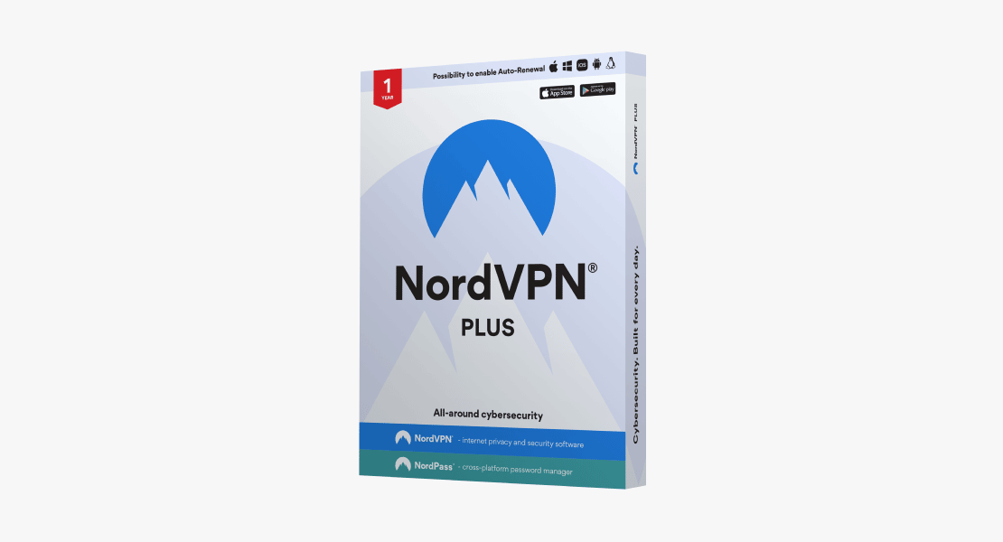 A NordVPN Plus plan retail box.