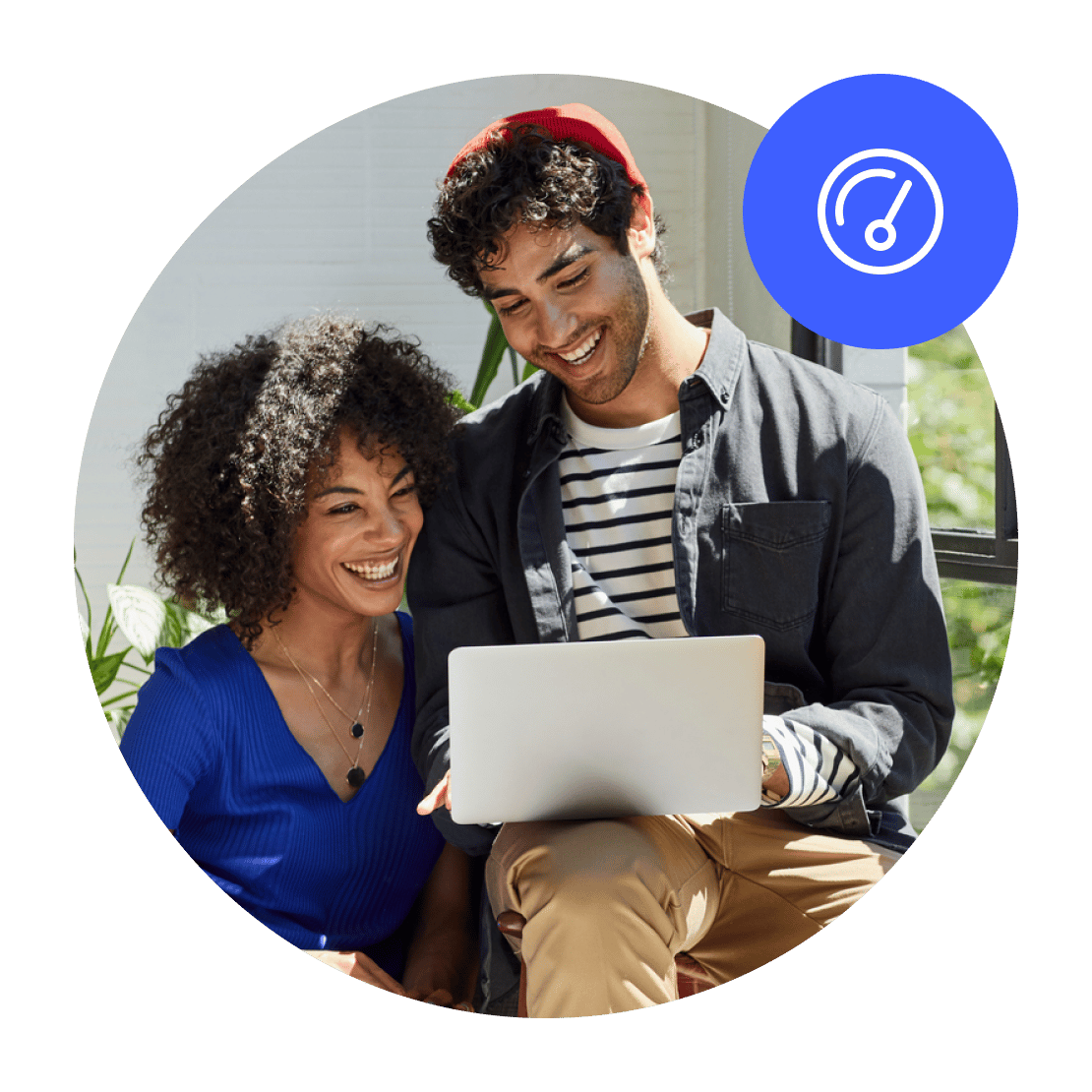 A man and a woman using a laptop while connected to a fast VPN.