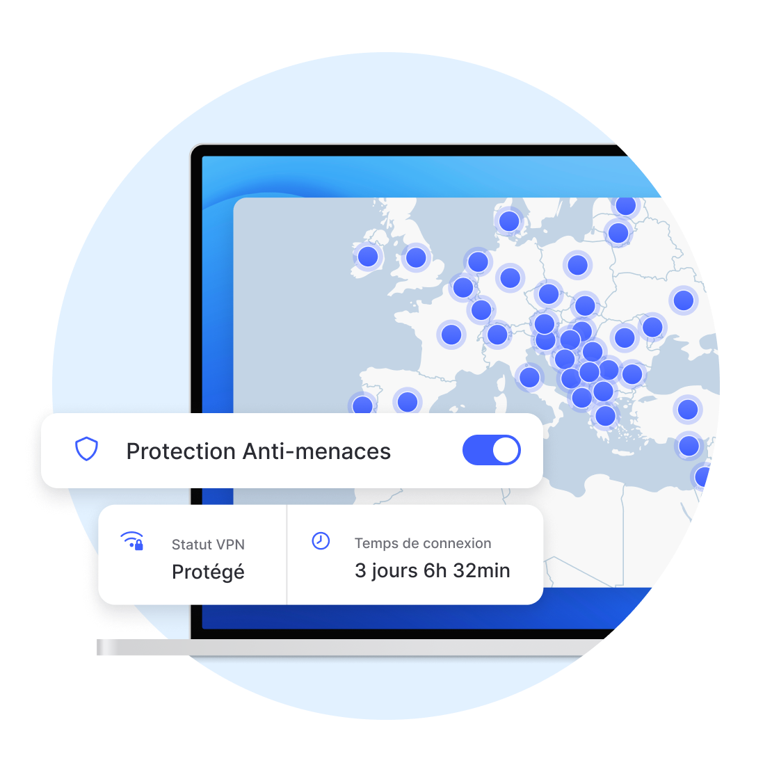L'application NordVPN sur un ordinateur portable, Protection Anti-menaces Pro activée.