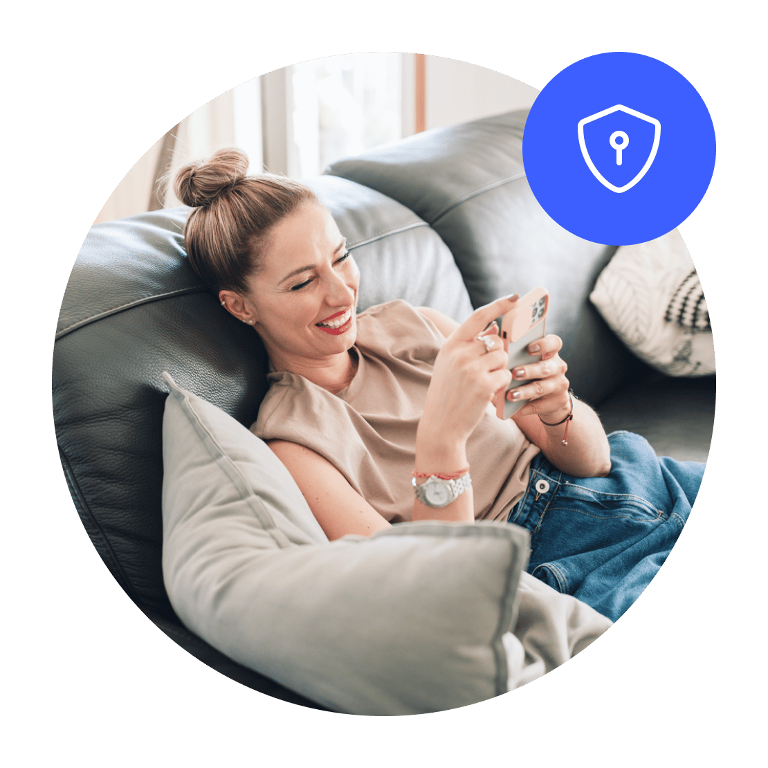 A happy woman uses NordVPN for secure website access.