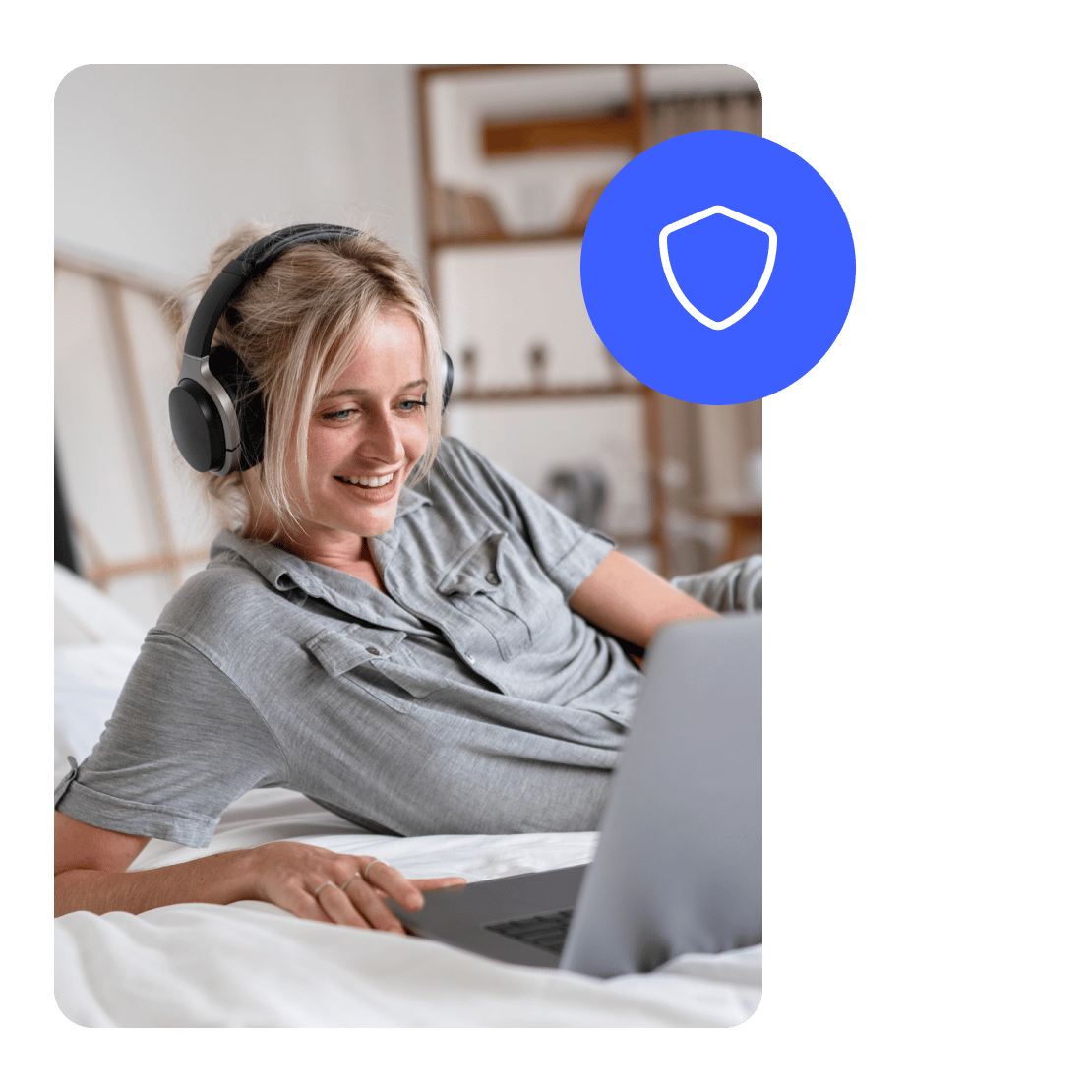 A woman enjoying a secure gaming experience using NordVPN’s Threat Protection.
