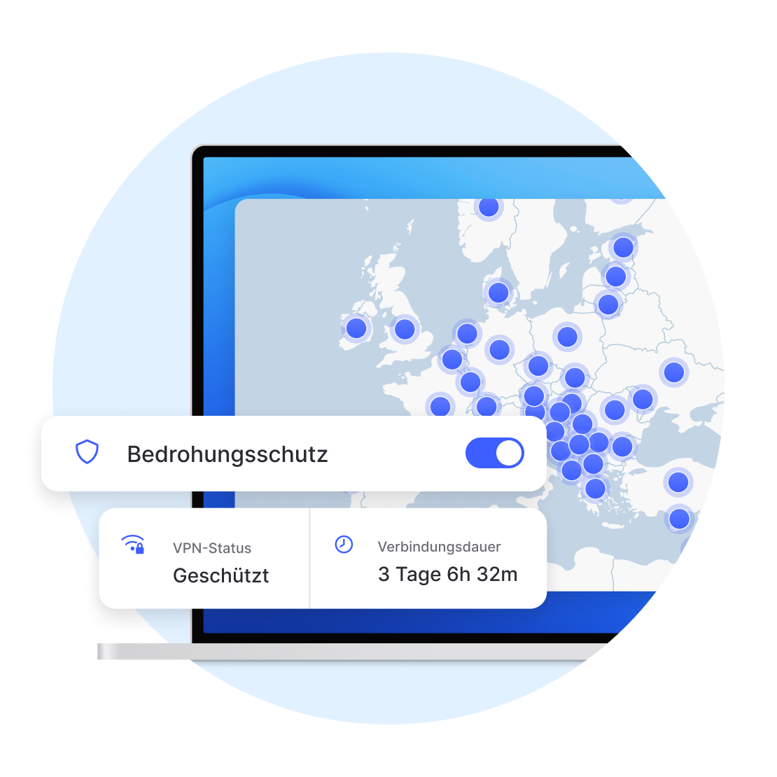 NordVPN-App auf einem Laptop, Bedrohungsschutz Pro eingeschaltet.